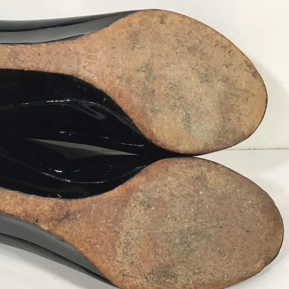 Women’s Jimmy Choo Black Patent Wedge Peep-Toe Shoes Size 38.5